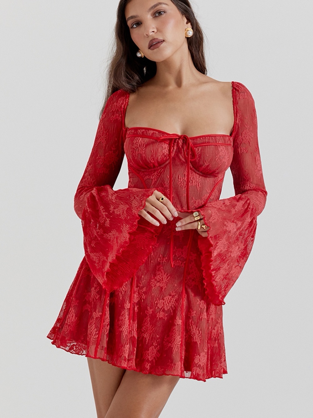 NWT House of CB Analissa Scarlet Red Lace Dress with Bell Sleeves